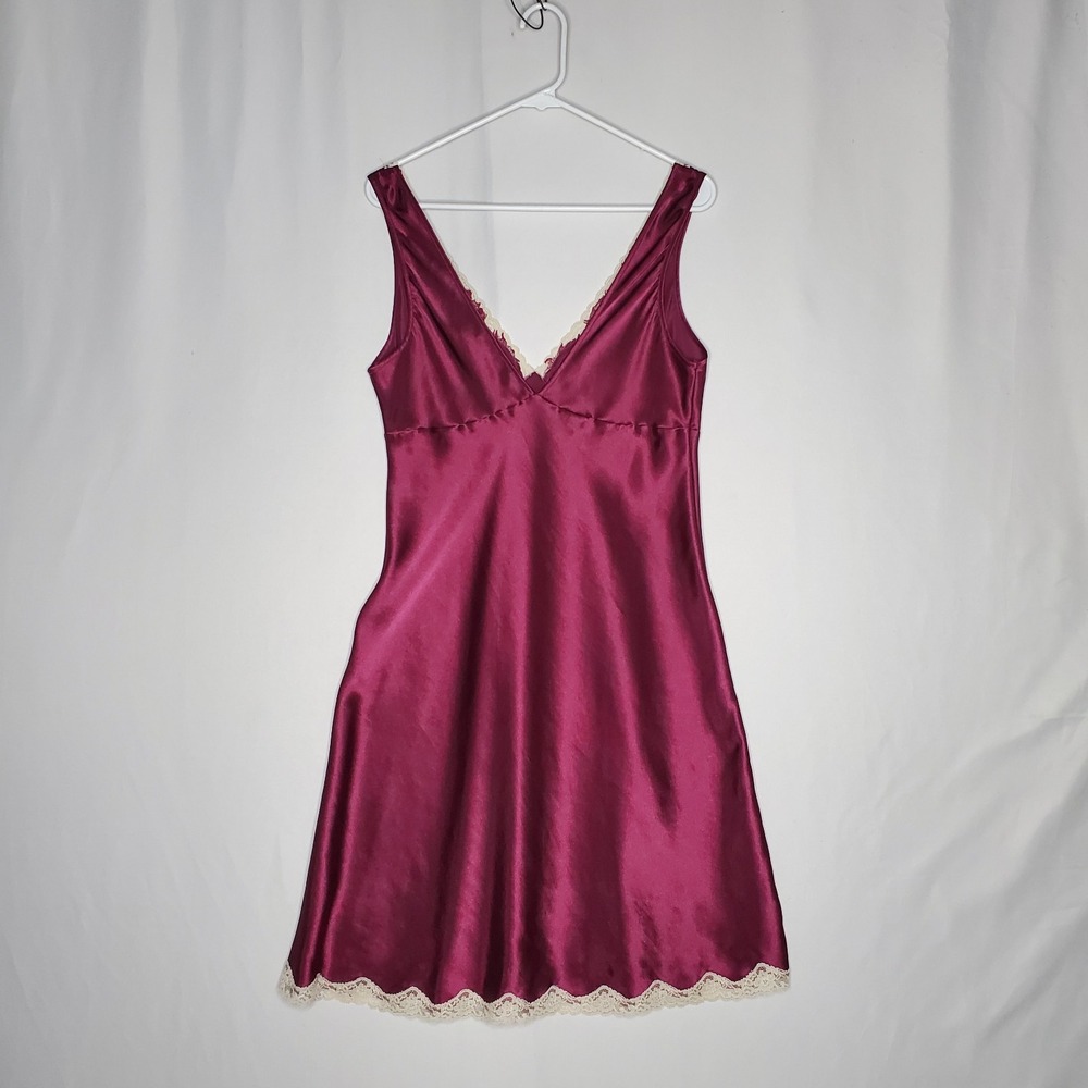 Vtg Victorias Secret Burgundy Satin Slip Dress Large V-Neck Lace 00s Y2K - Picture 2 of 9